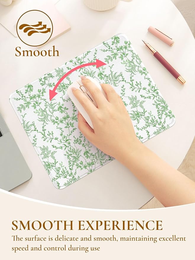 Elegant Green Flowers Mouse Pad, Waterproof Aesthetics Floral Mouse Pads Design, Non-Slip Rubber Base Computer Simple Funny Mousepad,Small Mouse Mat Desk Accessories Office Supplies