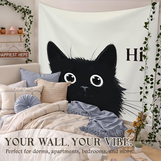 STHTTSW Black Cat Tapestry, Cute Cat Tapestries Wall Blanket, Cat Animal Lover Gifts Wall Hanging Decor for Dorm Home Living Room Bedroom Nursery, 50x60 Inch
