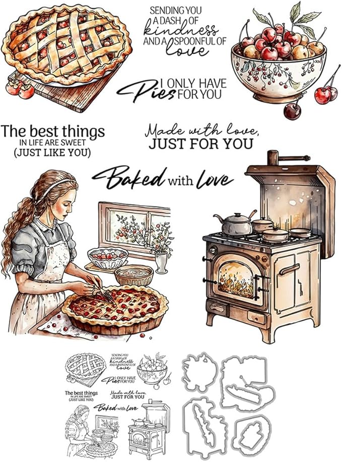Baked Pizza Cherries Stamps and Cutting Dies for Card Making DIY Transparent Silicone Clear Stamp and Metal Die Cuts Sets for Scrapbooking Paper Greeting Cards Decor Seals Craft Supplies
