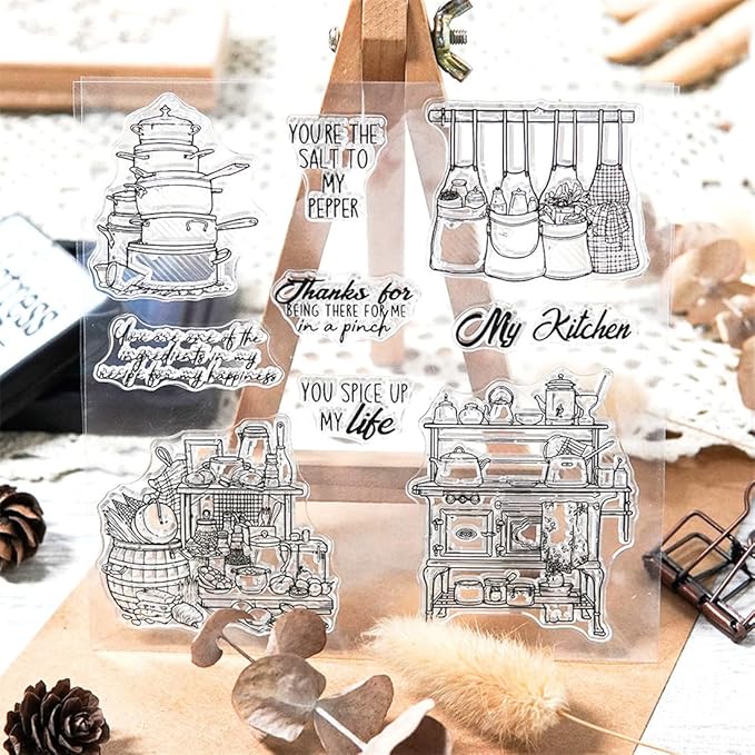 Kitchen Utensils Pots Stamps and Cutting Dies for Card Making DIY Transparent Silicone Clear Stamp and Metal Die Cuts Sets for Scrapbooking Paper Greeting Cards Decor Seals Craft Supplies