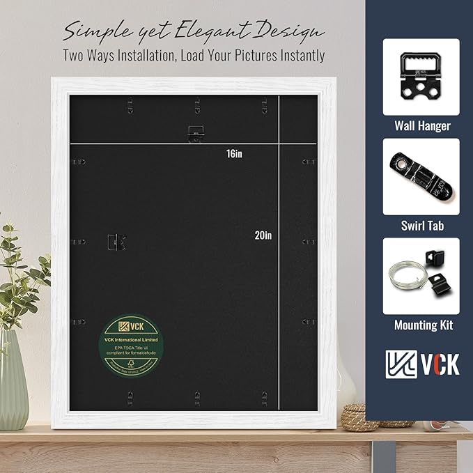 VCK 16x20 Picture Frames White Set of 5, Wide Border Wood, Tempered Glass, Display 11x14 Photo with Mat or 16 x 20 without, for Home, Office, Gallery, Woodgrain Series, Wall Hanging
