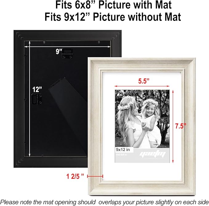 Yaetm 9x12 Picture Frame Matted to 6x8 Set of 4, 1.4” Wide Molding & Rustic White Photo Frames 9 x 12 with HD Tempered Glass for Wall Gallery, Home and Office, Wall Mount (4 pack, White)