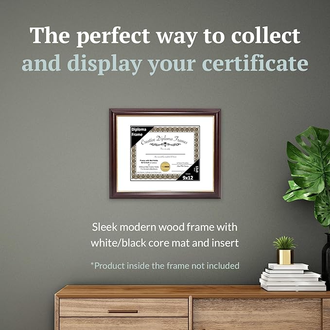 Creative Picture Frames 9x12 Mahogany Gold Rim Diploma Frame with White Mat Glass Easel and Installed Wall Hangers | Frame Holds 11x14 Media without Mat