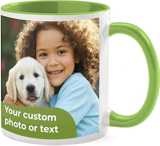 Personalized Mug, Custom Ceramic Mug with Photo and Text, 11oz, Pack of 50, Glossy Coffee Cup, Perfect for Christmas, Secret Santa or as Holiday Gift for Family or Friends, White/Green