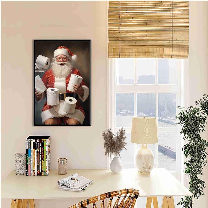 Framed Canvas Santa Bathroom Wall Art Toilet Humor Decor Vintage Christmas Holiday Wall Art Restroom Amusing Gift Santa Toilet Rolls Funny Poster 24x36in Metal blackFramed