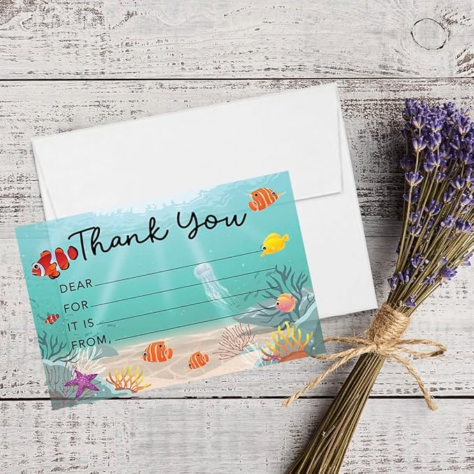 Andaz Press Kids Fill in the Blank Thank You Cards - 20 Cards Including Envelopes Under The Sea Gender Neutral Note Cards For Boys Girls Birthday Party Thank You Notes for Friends Family Party Guests