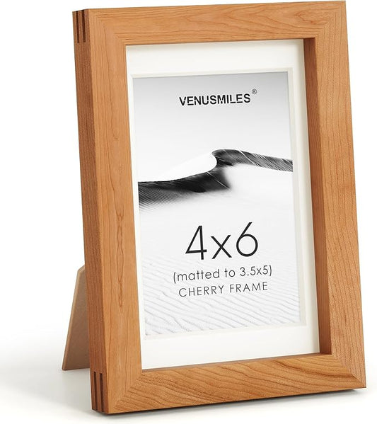 4x6 Picture Frame, USA-Sourced Natural Cherry Wood Photo Collage Frame with HD Tempered Glass, Modern Simple 4 x 6 Wooden Frame Matted to 3.5x5, Gallery Wall Frames for Art, Wall or Tabletop Display
