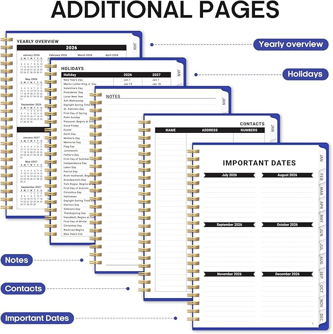 2026 Planner, Weekly and Monthly Calendar Planner for Women, Jan 2026 - Dec 2026, Hardcover Planning Agenda book with Tabs, Spiral Bound, Inner Pocket, Perfect for School Office Supplies, 6.3" x 8.5" - Royal Blue