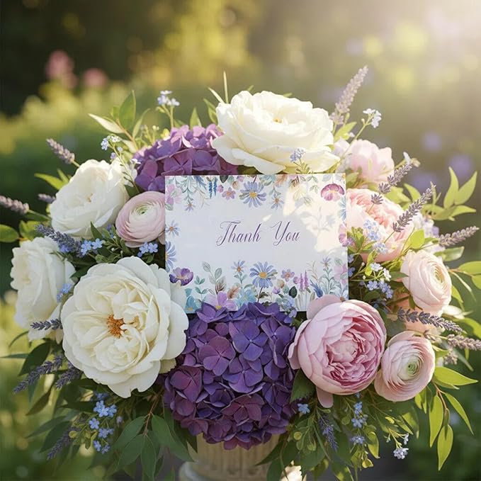 20PCs, Premium Floral Surrounded Thank You Cards with Envelopes - Elegant Flowers, Blank Inside with Glitter Seals, 4 * 6 inch.