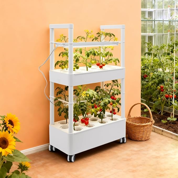 Hydroponics Growing System,28-Hole Indoor Herb Garden Kit with 4 LED Grow Light, 2-Tier Indoor Plant System,Auto Water Circulation & 7.39Gal Water Tanks (No Seed,White, 2Layer-28Pods)