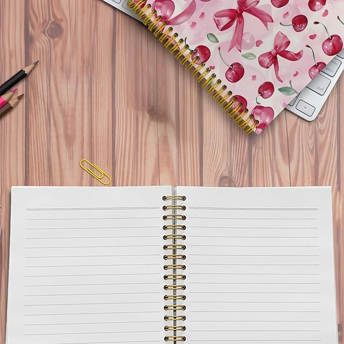 Trendy Coquette Pink Bow Cherry Journaling Notebooks, Preppy Spiral Notebook, Cute Notebook Journal for Girls, Pink Office Supplies, Hardcover Spiral Lined Notebook 5.5 x 8.3