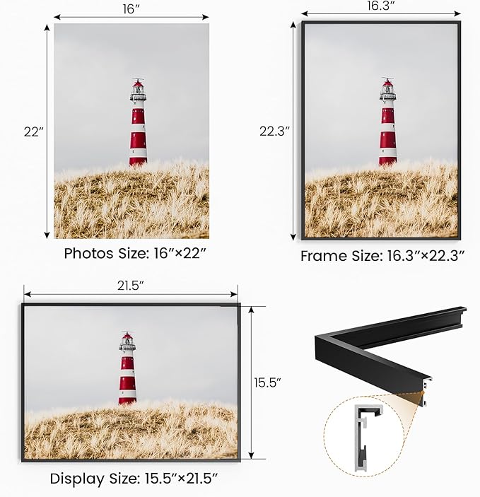 16x22 Aluminum Metal Picture Frame,Tempered Glass Black 16 x 22 Poster Frame for Puzzles Photos or Artwork for Wall Gallery Mount Horizontal or Vertical Decor Home,Office,Hotel