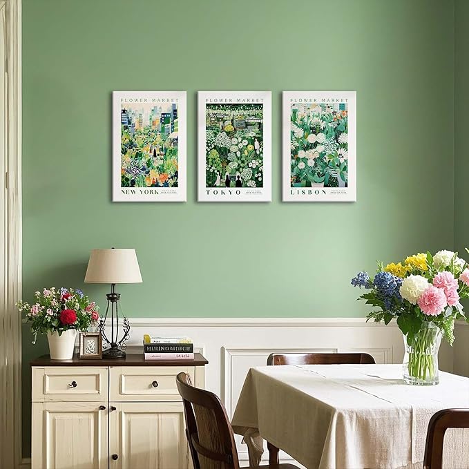 XLARTMY Flower Market Wall Art Prints Canvas Green Yellow White Floral Paintings Colorful Botanical Travel Flower Posters for Home Decor Pictures Set of 3 for Living Room Bedroom 16x24in