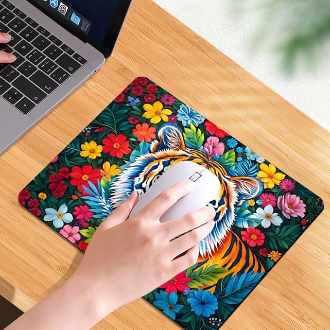 Tiger and Flower Texture Mouse pad, Square Waterproof and Anti Slip Mouse pad for Office laptops