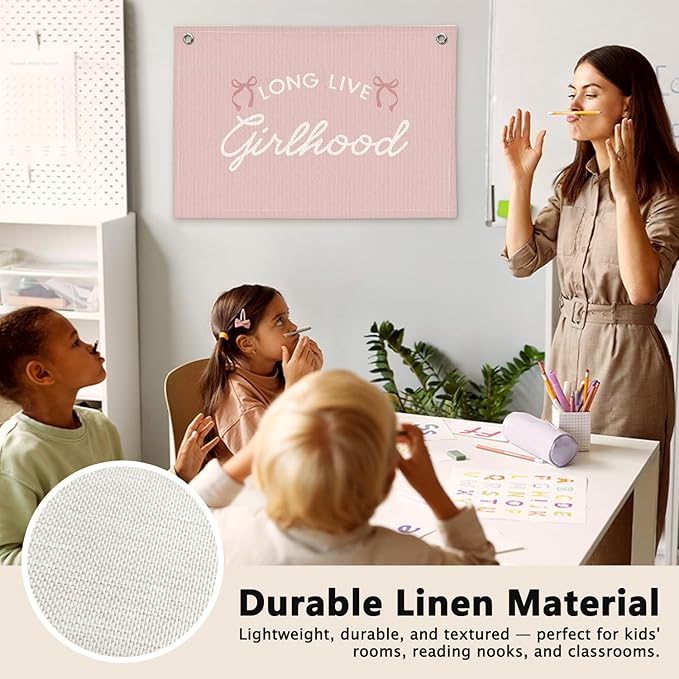 Coquette Pink Bow Long Live Girlhood Preppy Room Decor - Linen Banner Wall Hanging Canvas Banner Flag Decor for Girls Nursery Toddler Playroom Bedroom Dorm Apartment