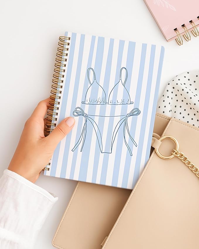 Girly Beach Notebook, Preppy Blue Striped Coastal Journal, Trendy Ocean Journal for Writing, Beach Lover Gifts for Women, Aesthetic Beachy Spiral Notebook, 5.5x8.3 Inch 555