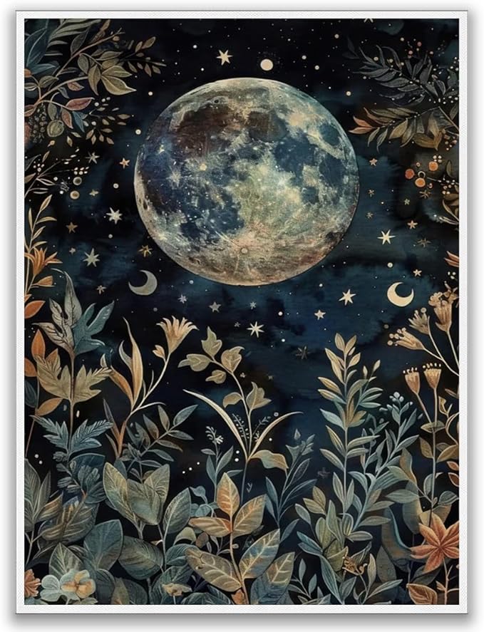 Dark Academic Moon Eclipse Wall Art William Poster Morris Botanical Print Gothic Room Decor Goth Moon and Stars Painting Canvas Vintage Cottagecore Decor for Bedroom Dorm 16x24in Unframed poster