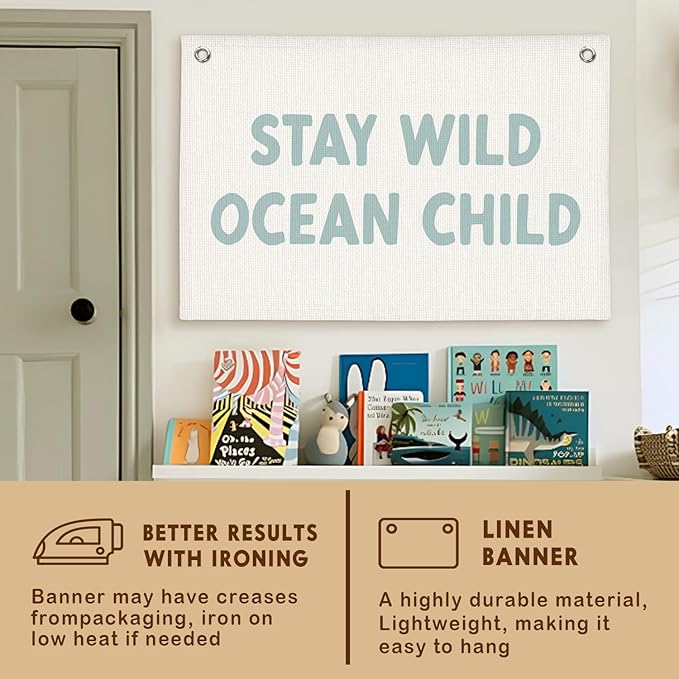 Lacama Beach Theme Wall Decor for Boys Room, Coastal Kids Playroom Nursery Hanging Sign, Stay Wild Ocean Child Linen Canvas Banner, Rustic Nautical Surf, 30x20 Inch