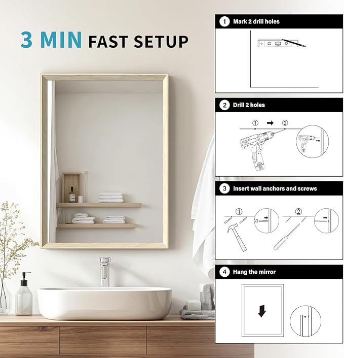 Oak Wood Effect Framed Wall Mirror, 36x36 Rectangle Mirror, Anti-desilvering Tempered Glass, Sustainable& Sturdy Frame, Anti-Rust, HD Reflection &3min Fast Setup for Bathroom Living Room