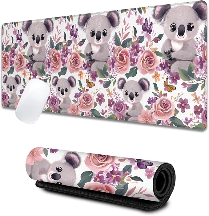 Koala Large Gaming Desk Mat,Rubber Non-Slip Cute Floral Pastel Blossom Mouse Pad,31.5x11.8x0.12in Extended Animal Mousepad,Game Lover Mice Pads Gifts,Office Home Deskmat Decor