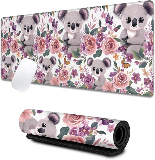 Koala Large Gaming Desk Mat,Rubber Non-Slip Cute Floral Pastel Blossom Mouse Pad,31.5x11.8x0.12in Extended Animal Mousepad,Game Lover Mice Pads Gifts,Office Home Deskmat Decor