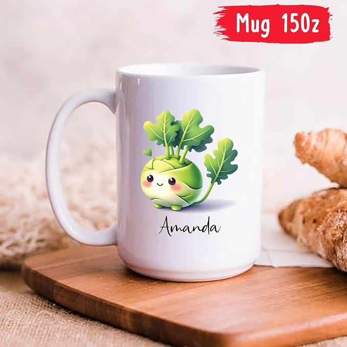 Personalized Name Kohlrabi Travel Mug Gift For Vegetable Enthusiasts, Customized Cute Kohlrabi Vegetable White Coffee Cup 11oz 15oz, Kohlrabi Lovers Mug, Vegan Teacup, Funny Kohlrabi Pottery Mug