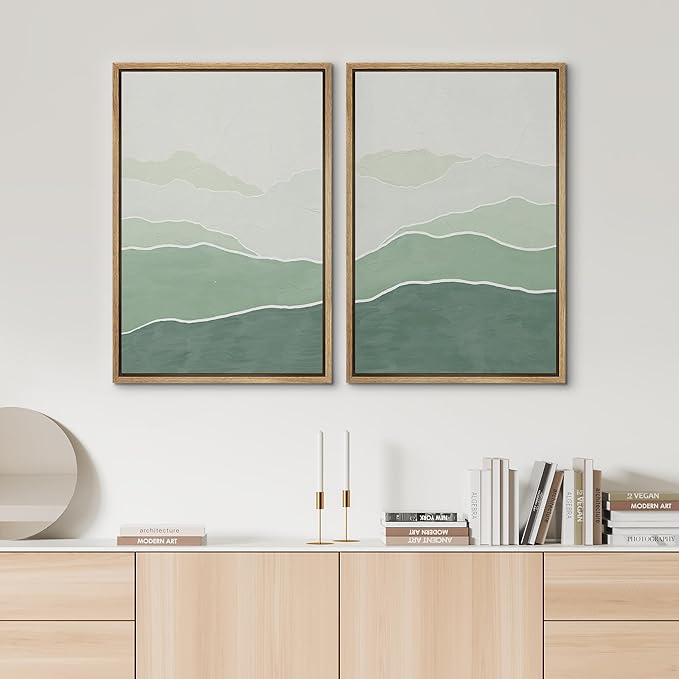 SIGNWIN Framed Wall Art Print Set Green Gradient Wave Landscapes Abstract Shapes Illustrations Modern Art Bohemian Relax/Calm Multicolor for Living Room, Bedroom, Office - 16"x24"x2 Natural