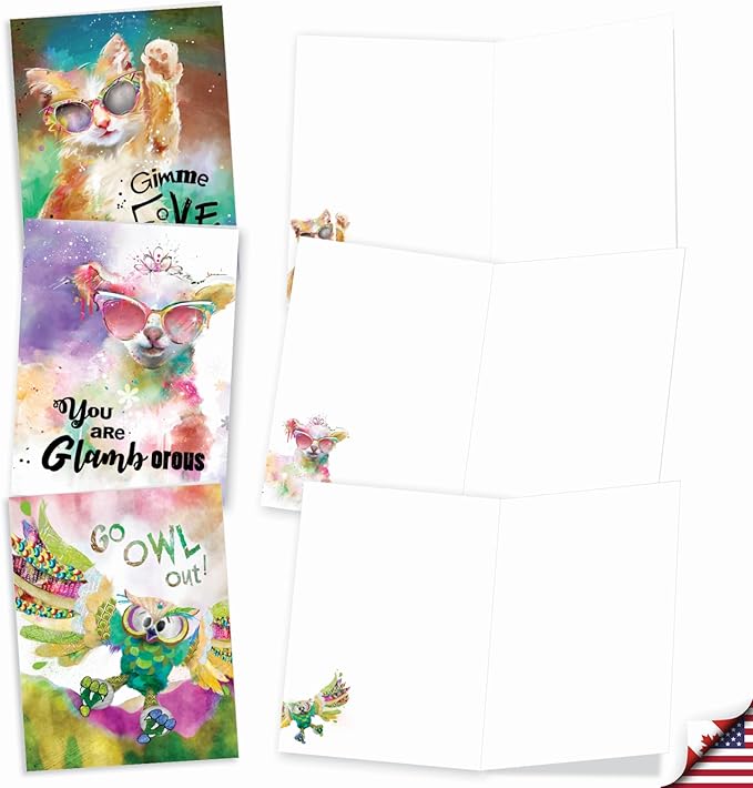 The Best Card Company - 20 Assorted Bulk Animal Cards Boxed (4 x 5.12 Inch) (10 Designs, 2 Each) - Sassy Animals AM8850OCB-B2x10