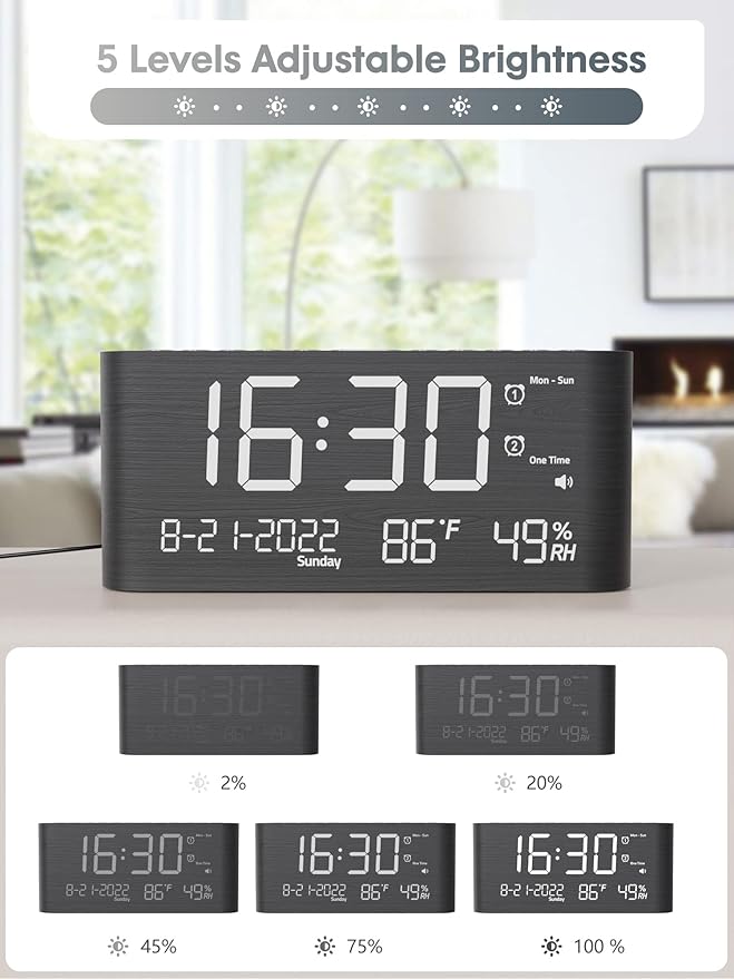 Raynic Alarm Clock, 8.7 Inch Digital Clock, Alarm Clock with USB and Type-C Charger,Dual Alarms,Temperature, Humidity,Date, 5 Adjustable Volume and 5 Dimmer for Bedroom Living Room Office (Grey)