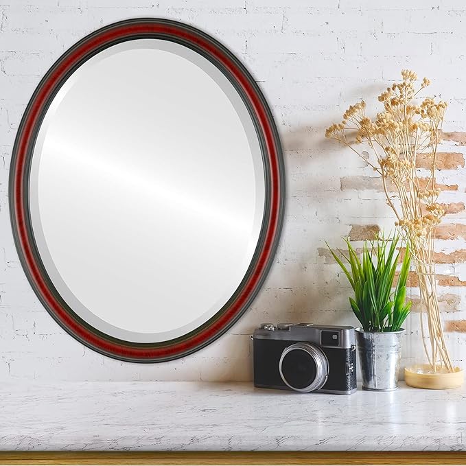 OVALCREST Oval Beveled Wall Mirror for Home Decor - Saratoga Style - Vintage Cherry - 20x26 Outside Dimensions