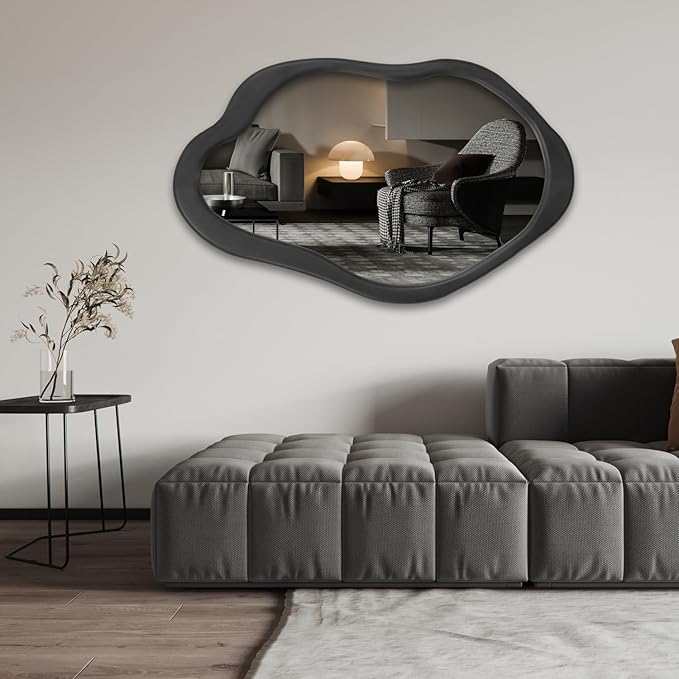 41"x 28" Wavy Cloud Mirror with Black Wood Frame, Modern Decorative Asymmetrical Mirror for Bedroom, Living Room, Entryway