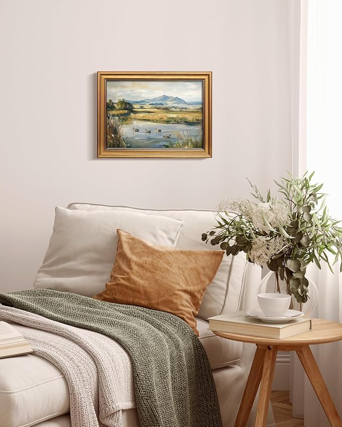 Bzstyleart Vintage Wall Art Decor for Living Room,Gold Framed Canvas Wall Art Home Decor Aesthetic,Ducks Pond Landscape Prints,Canvas Picture Print Artwork,12 x 16 Inch