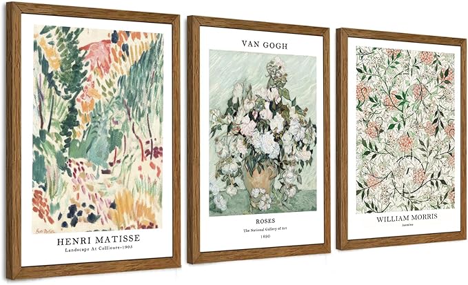 InspiredHues 3 Piece Sage Green Vintage Canvas Wall Art Landscape Flower Botanical Canvas Wall Decor Henri Matisse Van Gogh William Morris Artwork Prints for Bedroom Living Room 12x16 In Wood Frame