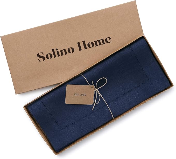 Solino Home Linen Navy Blue Table Runner 132 Inches Long - 100% Pure Linen Extra Long Table Runner 14 x 132 Inch for Easter - Classic Hemstitch