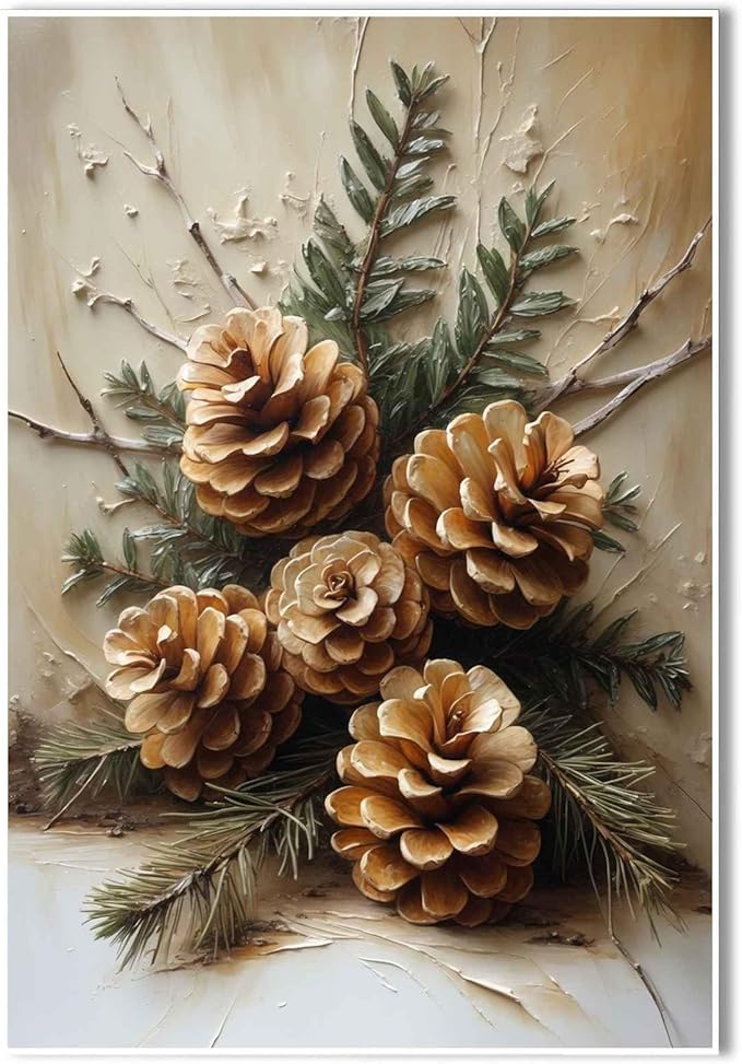 Vintage Christmas Canvas Painting Rustic Nature Print Forest Canvas Wall Art Botanical Wall Decor Brown Green Painting Poster Indoor Decor for Home Offices Living Room Bedroom Dining Room farmhouse