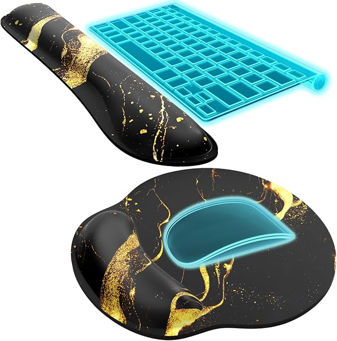 KTRIO Ergonomic Keyboard Wrist Rest, Memory Foam Mouse Pad with Wrist Rest for Computer Keyboard, Mouse Pad Set for Easy Typing & Pain Relief for Office & Home, Black Gold