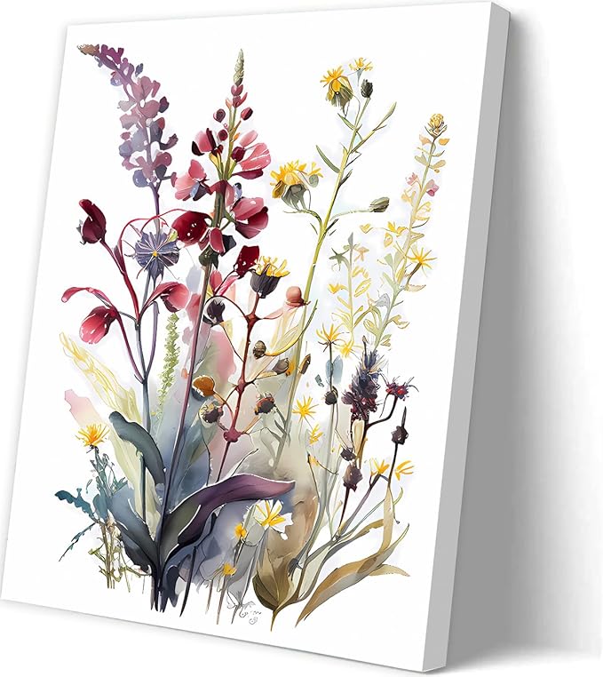 Framed Colorful Wildflower Art,Botanical Plant Leaves Canvas Wall art,Watercolor Minimalist Wildflowers Art Print,Watercolor Blooming Floral Flower Artwork for Garden Farmhouse Decor Set of 6(8"x10")