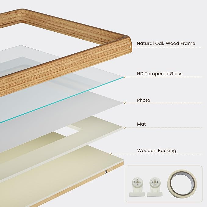 HELPLEX 10x10 Picture Frame Set of 2 - Matte White Oak Wood with HD Tempered Glass, Adjustable for 6x6/8x8 Matted or 10x10 Open, Gallery-Quality Vertical/Horizontal Wall or Tabletop Display