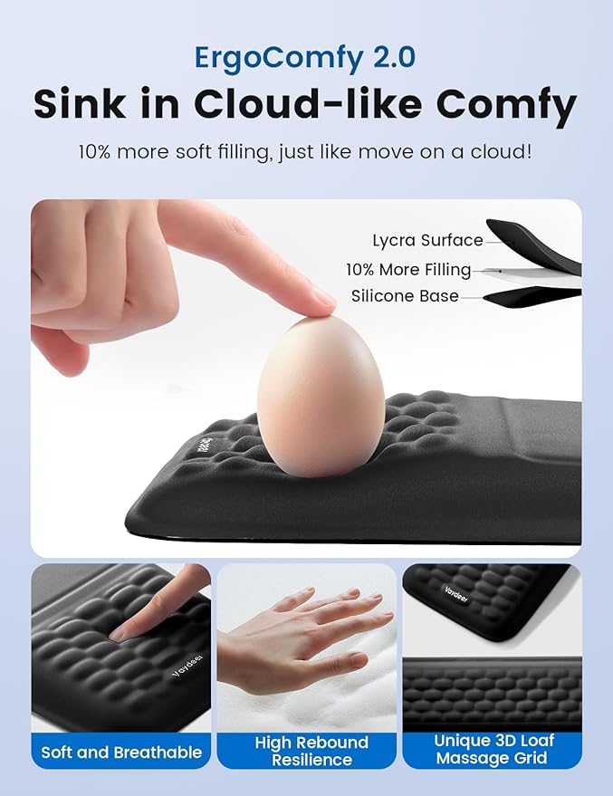 Vaydeer Wrist Rest for Computer Keyboard & Mouse Pad Set – Black, Ergonomic Memory Foam Wrist Support, Non-Slip Keyboard Wrist Rest & Soft Mouse Pad for Typing Comfort & Wrist Pain Relief