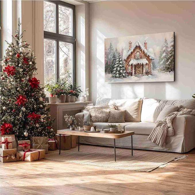 Snowy Cabin Wall Art Christmas Landscape Print Watercolor House Poster Festive Holiday Canvas Print Rustic Winter Scene Wall Decor Indoor Decor for Living Room Bedroom Kitchen Framed Ready to Hang