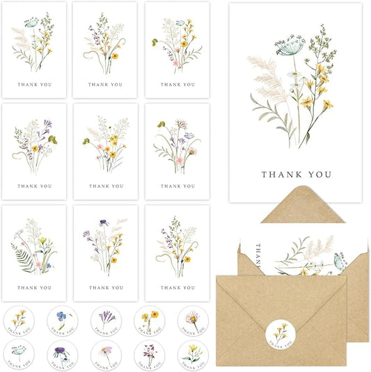 48 Pack Floral Thank You Cards with Envelopes, Wildflower Thank You Notes with Kraft Envelopes for Wedding Bridal Shower Baby Shower Teachers Graduation, 4 x 6 Inch