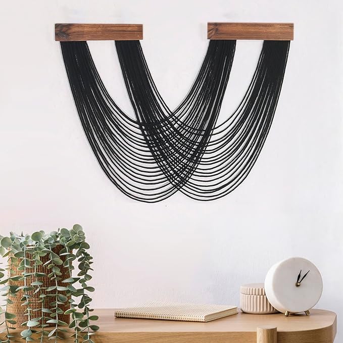 LB Black Macrame Wall Hanging, Boho Tapestry Wall Hanging Macrame Wall Art Handmade Yarn Woven Wall Art Modern Home Decor Headboard Wall Decor for Bedroom Living Room Dorm Nursery, 12x25 Inch