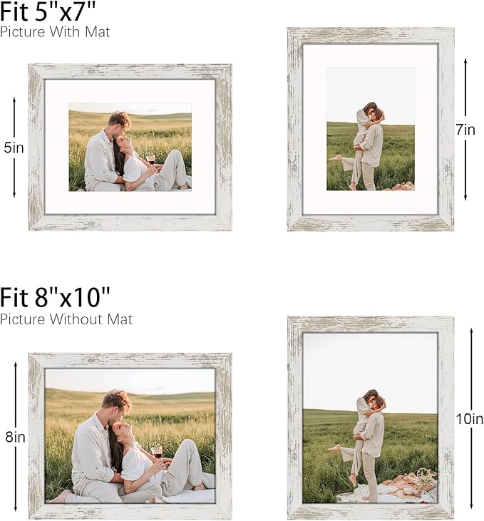 8x10 Picture Frame Set of 9, Display Pictures 5x7 with Mat or 8 x 10 Without Mat, Multi Photo Frames for Wall Mounting or Table Top Display, Distressed White