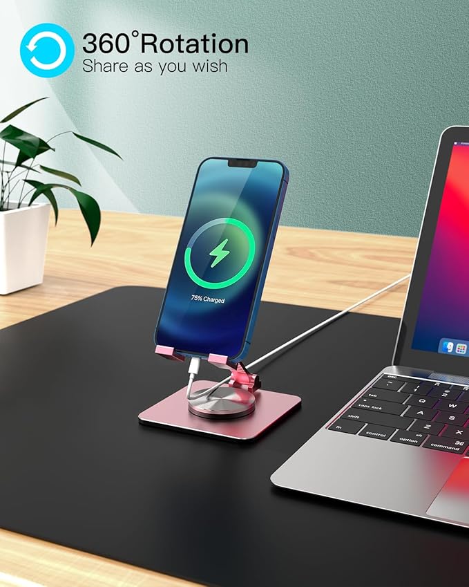 Cell Phone & Tablet Stand for Desk, Aluminum Adjustable Holder for iPhone, iPad & Smartphones || Foldable Mount with 360° Swivel, Stable Base & Portable Design for 4–9.7in Devices, Pink