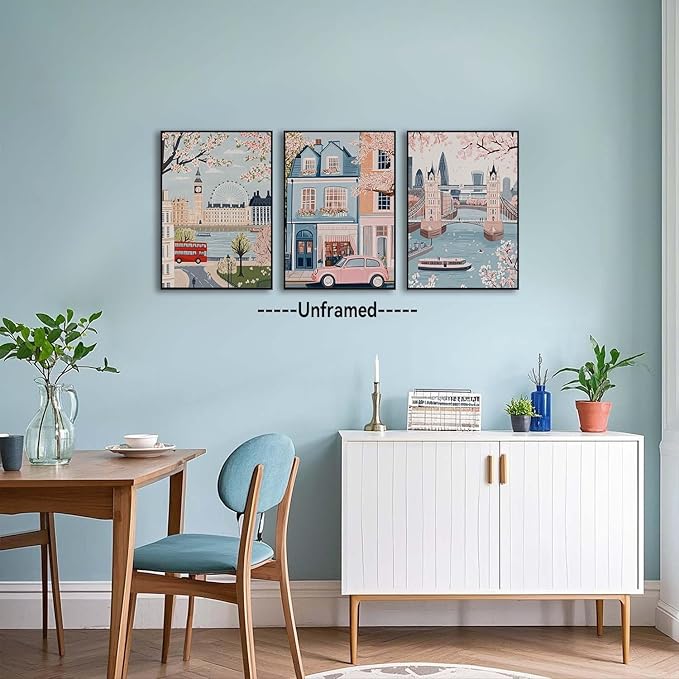 XLARTMY Watercolor City Landscape Travel Wall Art Canvas Framed Pink Cherry Flower Poster Girly Prints Painting Pictures Set of 3 for Bedroom Living Room Office 16x24in Unframed