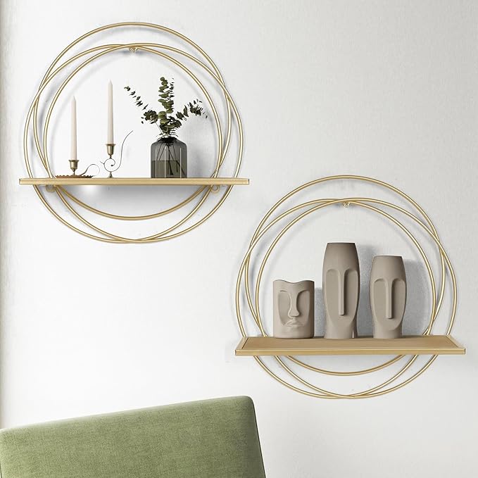 Oakrain 16" Floating Shelves Set of 2, Gold Wall Shelf with Round Metal Frame, Foldable Wooden Hanging Shelves for Storage, Living Room Decor, Bathroom, Kitchen, Bedroom, Office
