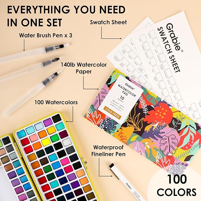 Grabie 50 Colors Premium All-In-One Water Color Paint Set - Detail Paint Brush Included, Watercolor Paints, Painting Sets, Art Supplies, Portable & Travel Watercolor Set, Amateur Hobbyists