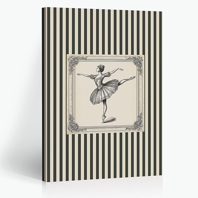 Canvas Wall Art Vintage Ballerina Art – Elegant Ballet Striped Posters for Sports Lovers Aesthetic Room Decor Family Wall Decor Prints 20X30 in Black Framed