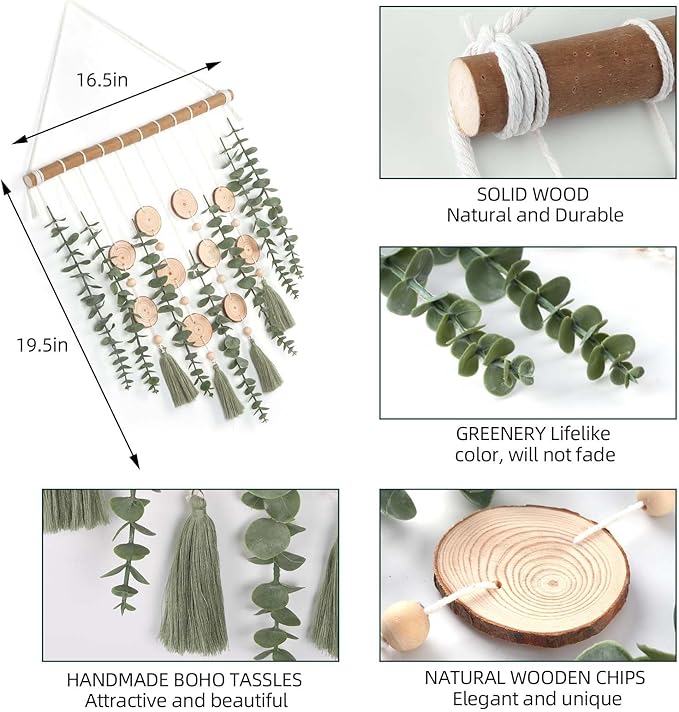 Artificial Eucalyptus Plant Wall Decor Fake Greenery Leaves Stems Wall Hanging Faux Plants on Wood Stick Green Boho Rustic Farmhouse Decor for Bathroom Bedroom Dining Room Indoor Home