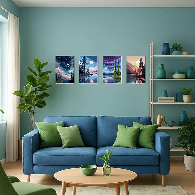 4 Pack Framed Paint By Numbers Kit for Adults Beginner Starry Night Adult Paint By Number Kits on Canvas Landscape Painting By Numbers for Adults with Frame Diy Painting Kits for Home Wall Art 8x12 In